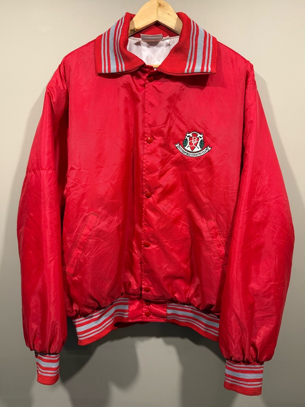 red vintage satin snap-front striped country club golfing windbreaker jacket